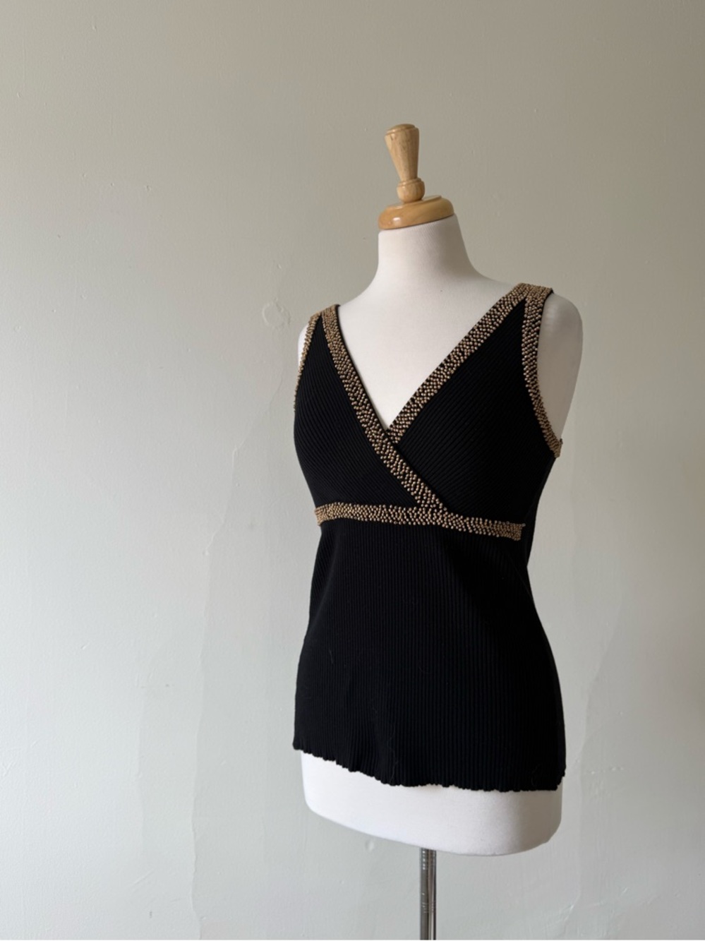 Y2K Tracy M. Beaded Trim Black Ribbed Tank Top